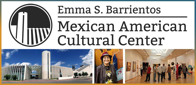 Image is a collage that includes the Emma S. Barrientos Mexican 				American Cultural Center logo and three images including the exterior of the building, a woman posing for a photo, and people inside looking at artwork.