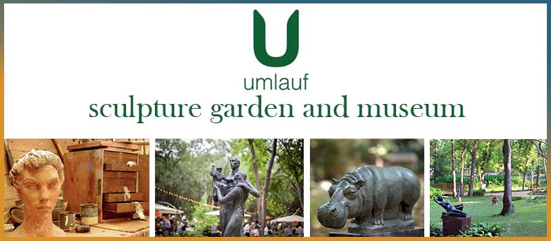 Image is a collage that includes the Umlauf Sculpture Garden and Museum logo as well as four images of a sculpture of a head, a sculpture of a man, woman, and child, a sculpture of a hippo, and a sculpture of a man reaching out.
