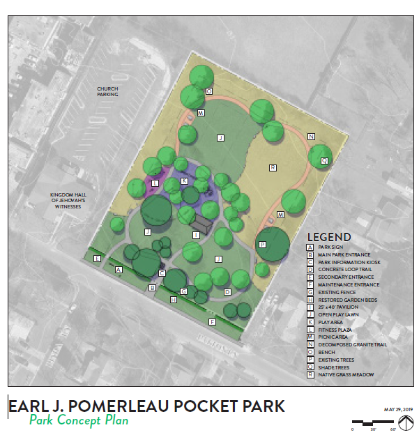 A map of the concept plan for Earl J. Pomerleau Pocket Park, detailing the locations of the concrete loop trail, entrances, pavilion, open play lawn, fitness plaza, granite trail and native grass meadow.