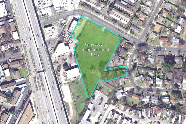 A map showing the boundaries of Jamestown Neighborhood Park, which borders Jamestown Drive east of Research Boulevard. 