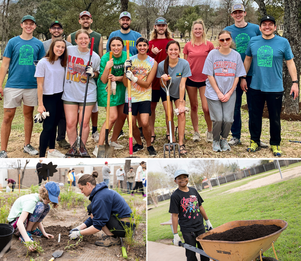 Three images of stewardship activities. In image 1, a large group is huddled together with gardening tools. In image 2, a boy hold a wheelbarrow. In image 3, two people are hunched over a garden bed. 
