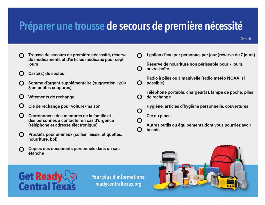 Ready Central Texas Emergency Supply Kit List- French
