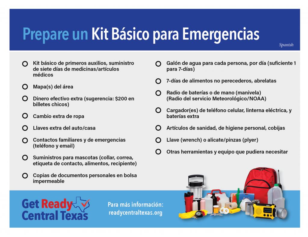 Ready Central Texas Emergency Supply Kit List-Spanish