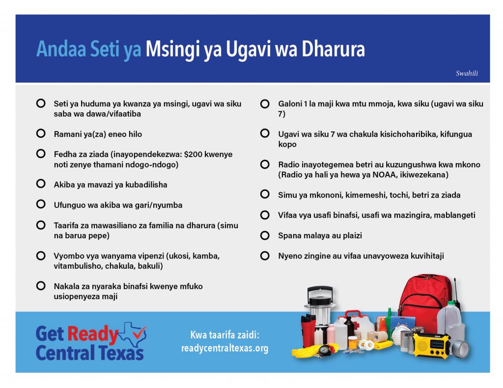 Ready Central Texas Emergency Supply Kit List in Swahili