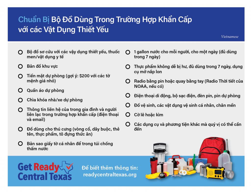 Ready Central Texas Emergency Supply Kit List- Vietnamese