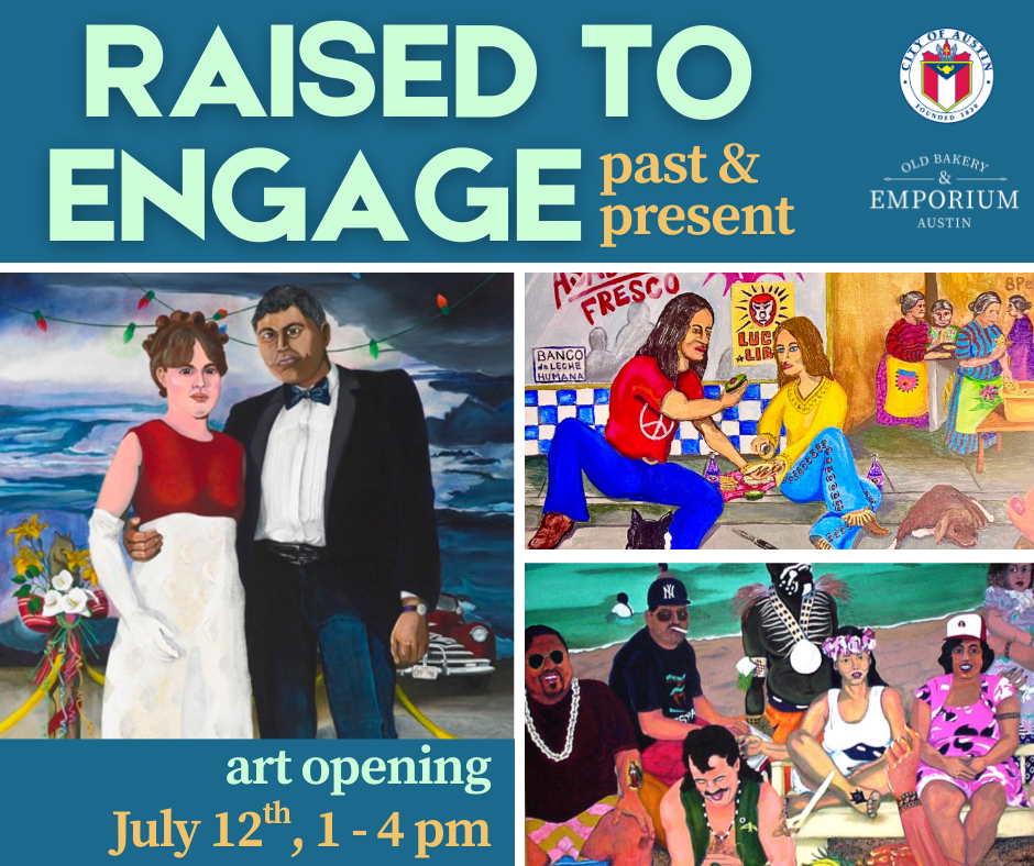 Raised to Engage Past and Present Art Opening, three images of bright and colorful paintings featuring people