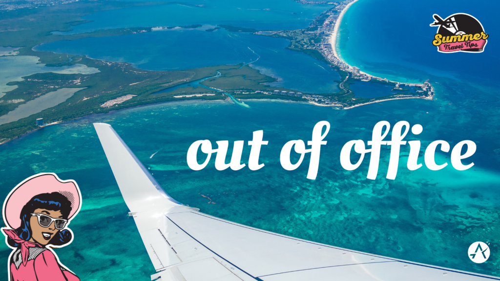 a photo of an airlplane wing with ocean in the background and text that reads: out of office
