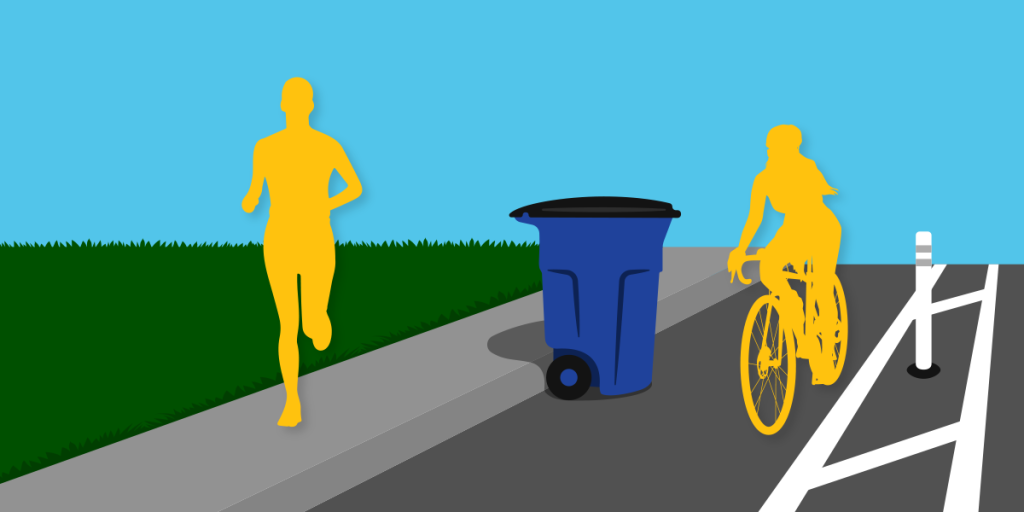 When there is a protected bike lan, but enough space at the curb for carts without blocking bike traffic: Place your carts at the curb following regular set-out guidelines only if the carts will not block bike lane traffic.