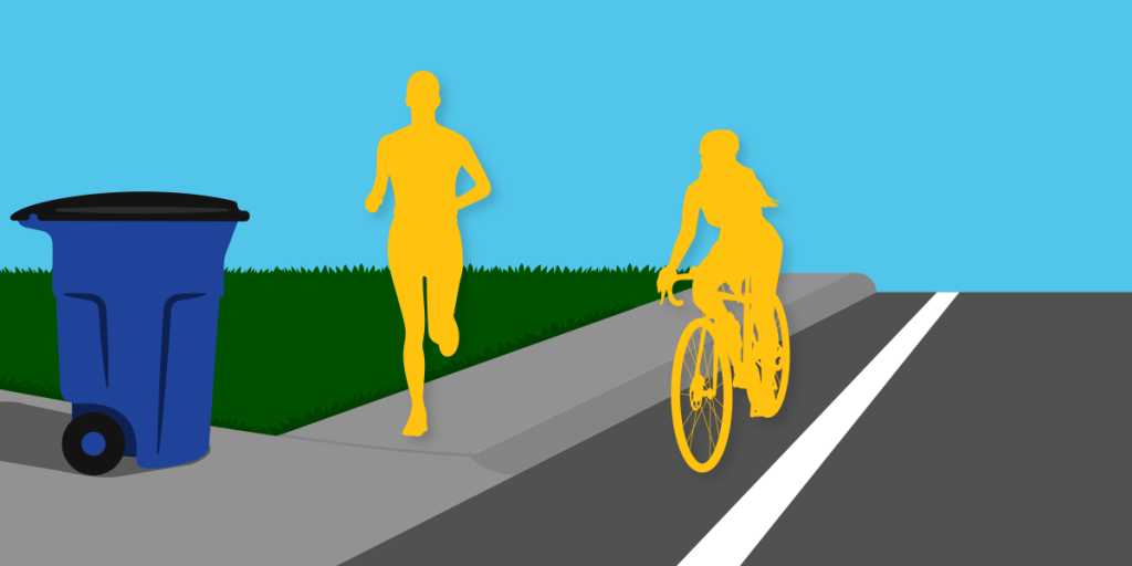 Scenario 3: There is a protected bike lane in front of your home, but there is no usable buffer strip area between the sidewalk and the curb/bike lane. Option 2: Place the carts at the edge of your driveway apron but behind the sidewalk. Make sure your carts do not block pedestrians’ paths.   