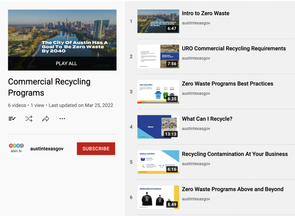 Screenshot of commercial recycling playlist on YouTube