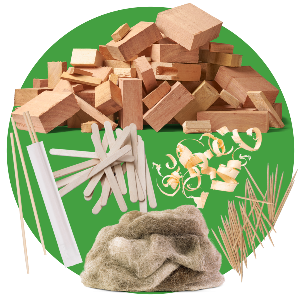 An assortment of popsicle sticks, wood blocks and more.