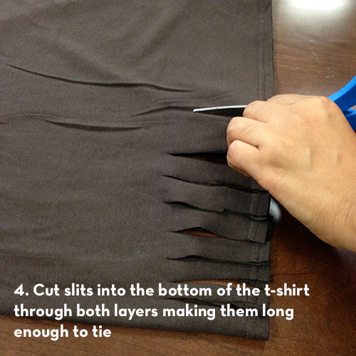 Image of step 4: cut slits into the bottom t-shirt through both layers.