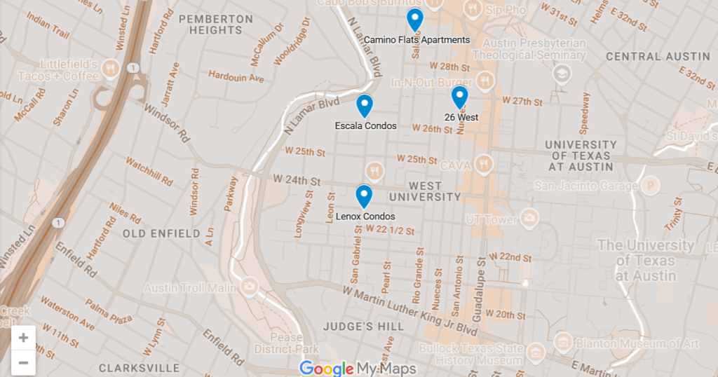 MoveOutATX 2025 locations marked on a map of Austin. Locations include Camino Flats, Escala Condos, Lenox Condos, 26 West and UT Whitaker Courts Parking lot.