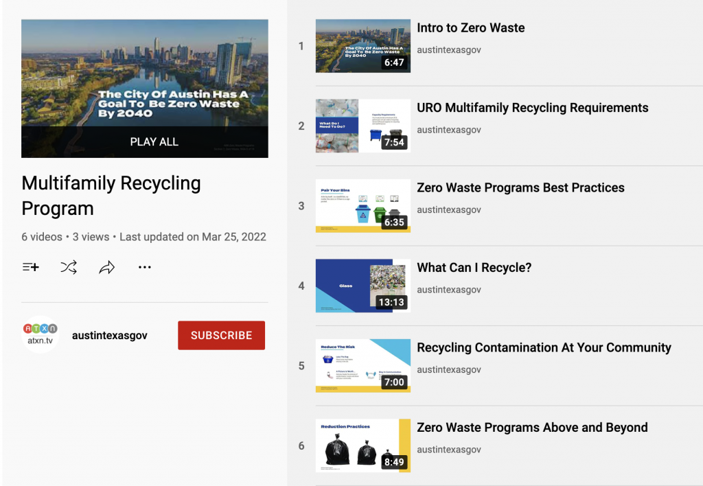 Screenshot of multifamily recycling playlist on YouTube