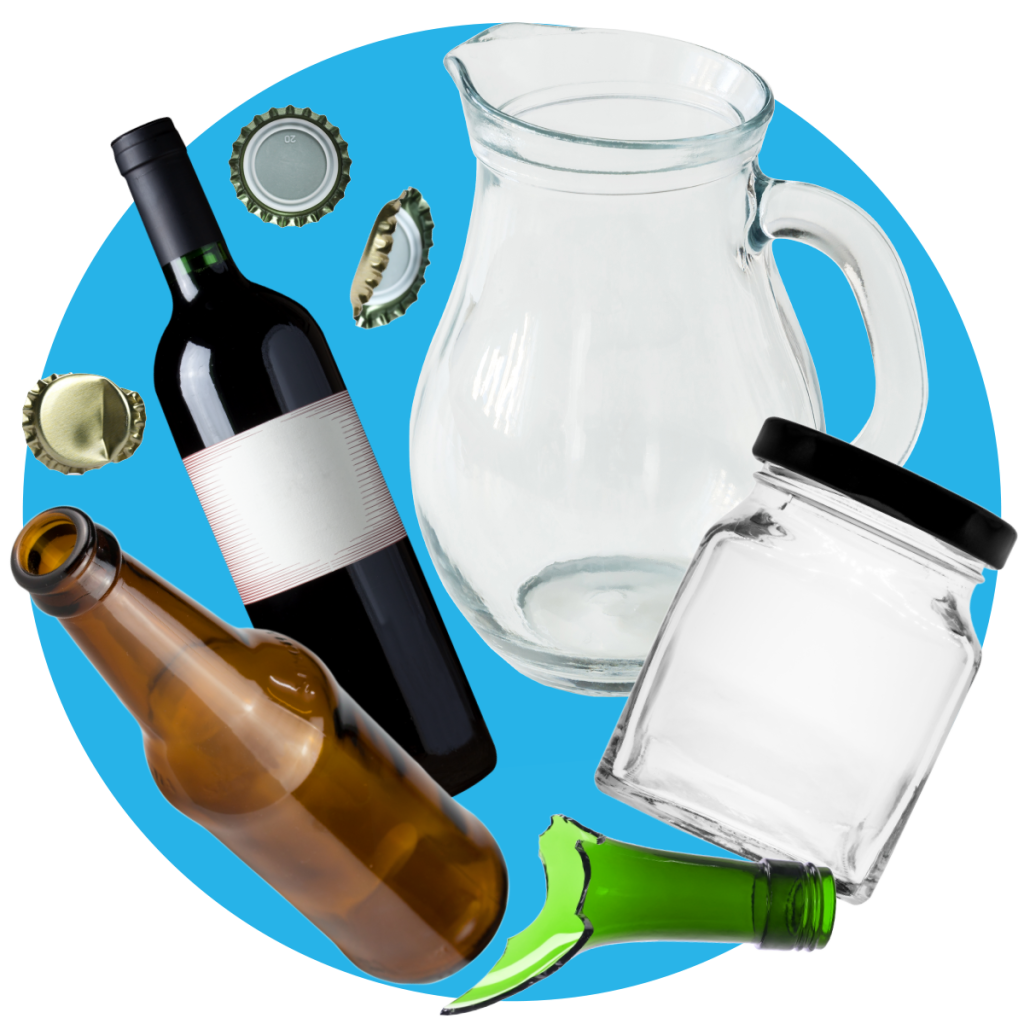 An assortment of glass like a glass bottle, pitcher, and jar.