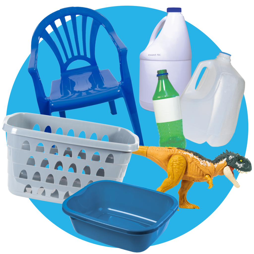 Hard plastic chair, plastic laundry basket, plastic toy dinosaur, etc.