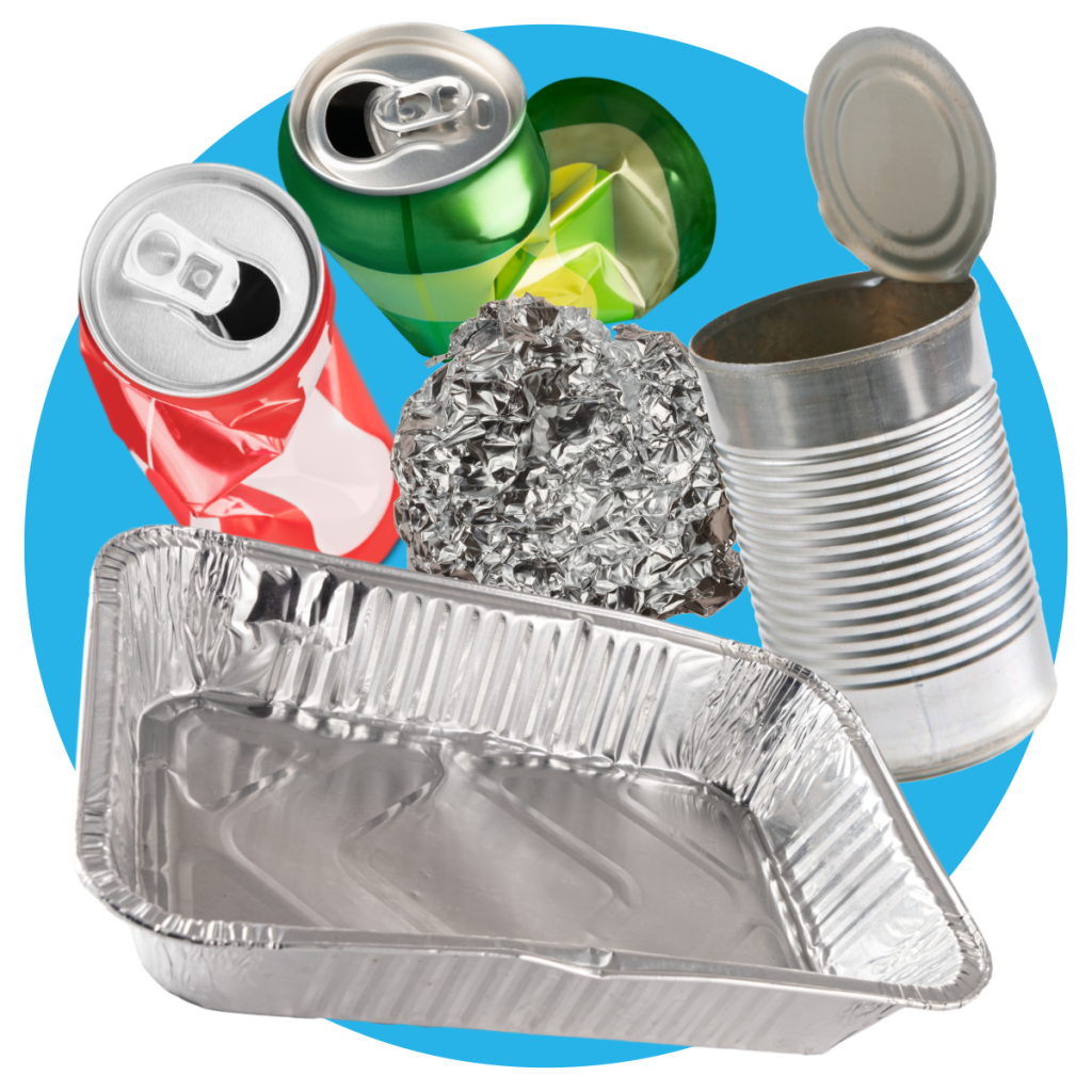An assortment of metals such as aluminum tray, cans and foil.