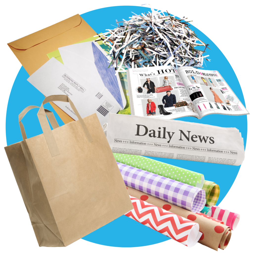 A close-up image of shredded paper, newspaper, paper bags, etc.