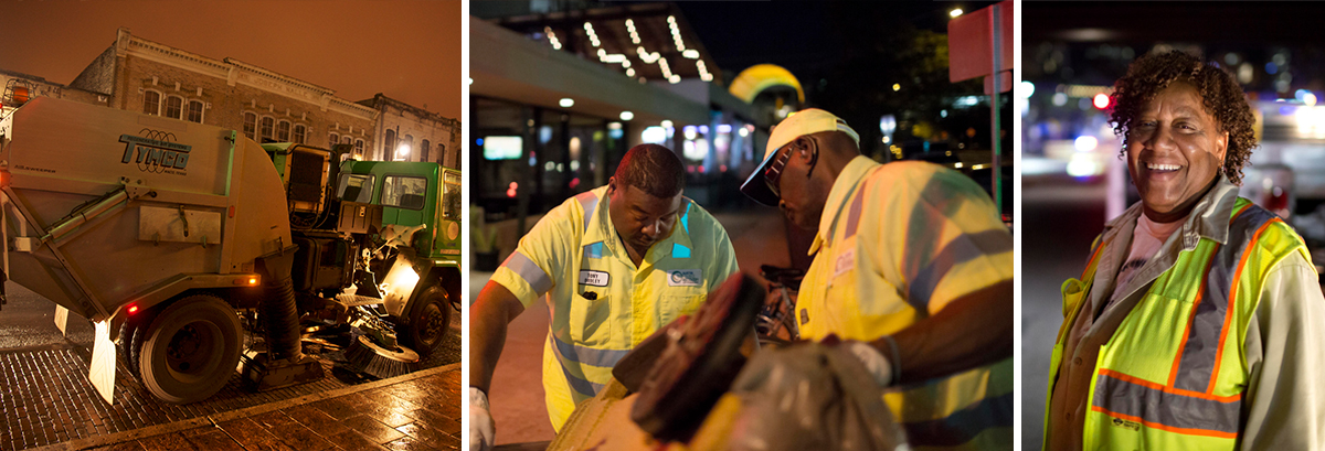 Photo of ARR street sweeping truck, crews emptying trash bin and female employee