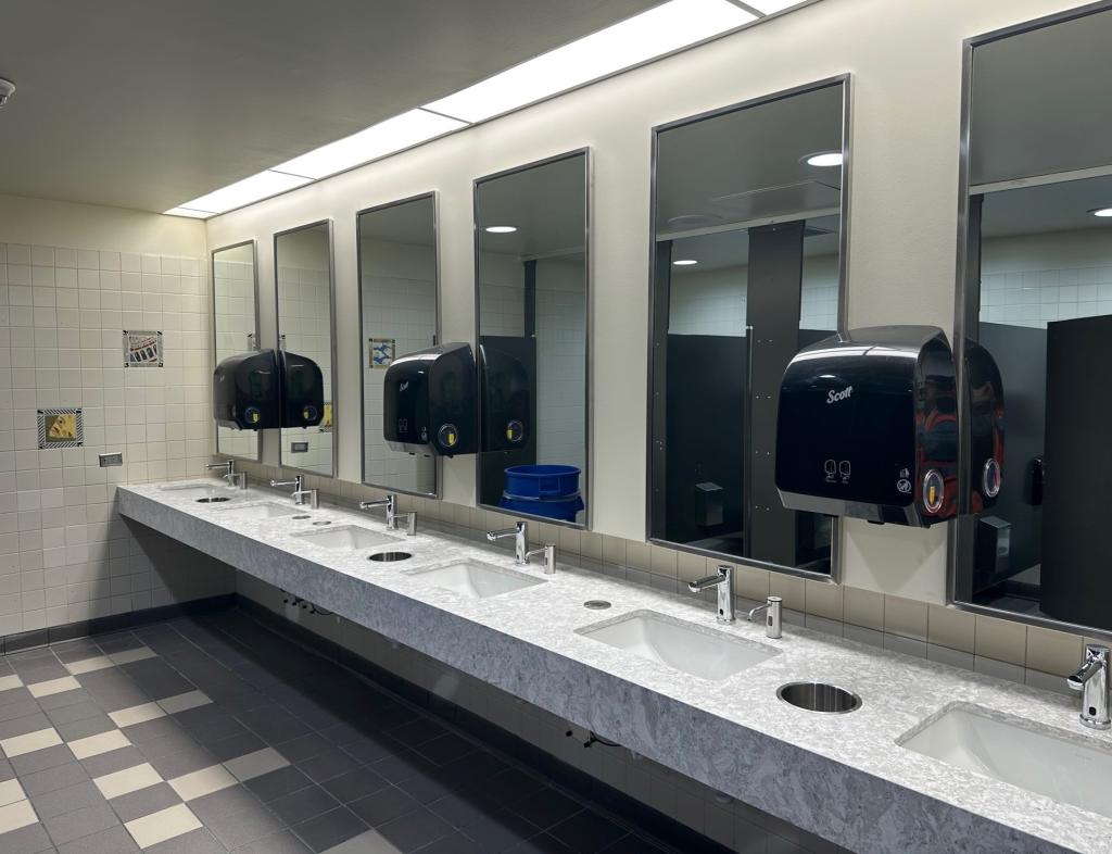 Improved restrooms on the east side of the food court have better counter tops, more lighting and nicer mirrors than before