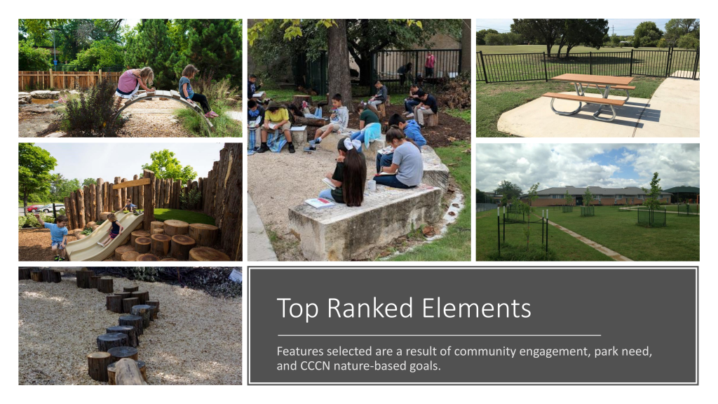 Top ranked features selected as a result of community engagement, park need, and CCCN nature-based goals.