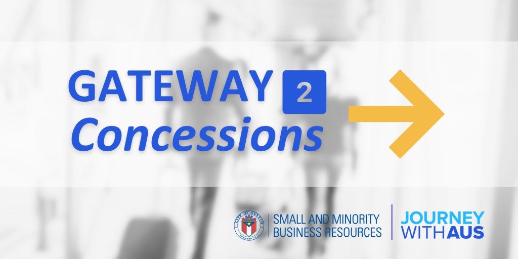 Image for "Gateways 2 Concessions" featuring bold blue text with a square purple icon containing the number "2," followed by a large yellow arrow pointing to the right. The background is a blurred black-and-white image of people walking in what appears to be an airport terminal. 