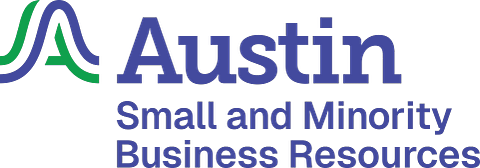 Austin Small and Minority Business Resources logo — a stylized green and blue ‘A’ graphic followed by the word ‘Austin’ in bold blue letters above the text ‘Small and Minority Business Resources’ in blue.