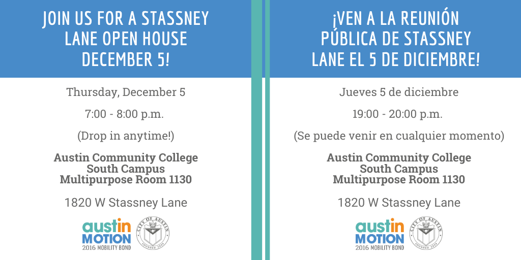 Open house event information is depicted on the graphic: Date: Thursday, Dec. 5, 2019 Time: 7 - 8 p.m. (Drop by anytime!) Place: Austin Community College, South Campus, Multipurpose Room 1130 (1820 W Stassney Ln.)