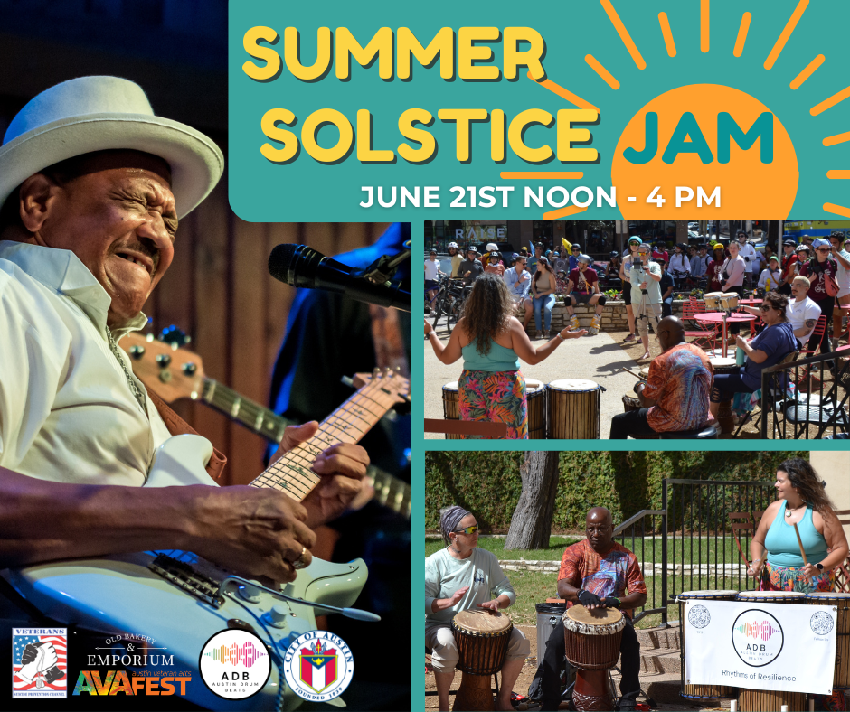 summer solstice jam june 21st noon to 4 pm image of man playing guitar and several people playing bongo drums