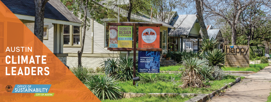 Photograph of small business storefronts with a graphic that reads, "Austin Climate Leaders."