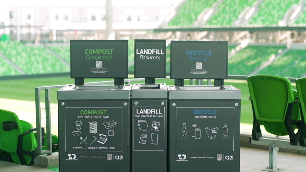Trash Goalies that have 3 compartments for compost, landfill, and recycle respectively.