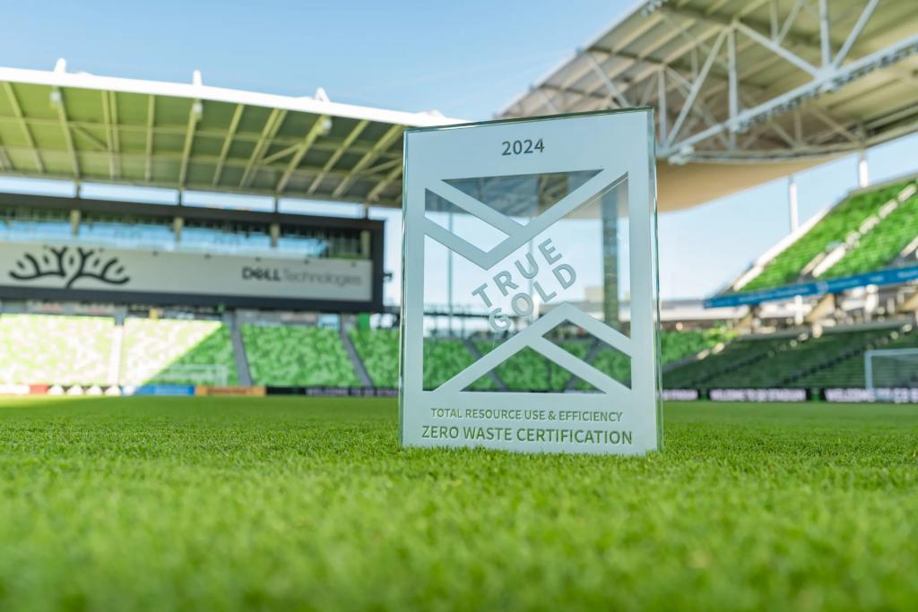 TRUE GOLD Certification Plaque stands in the Austin FC stadium