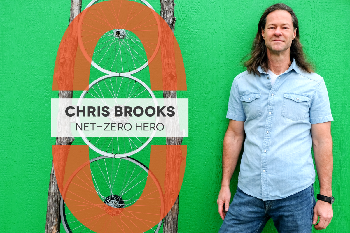 Net-Zero Hero Chris Brooks, Photo of Chris with a green background 