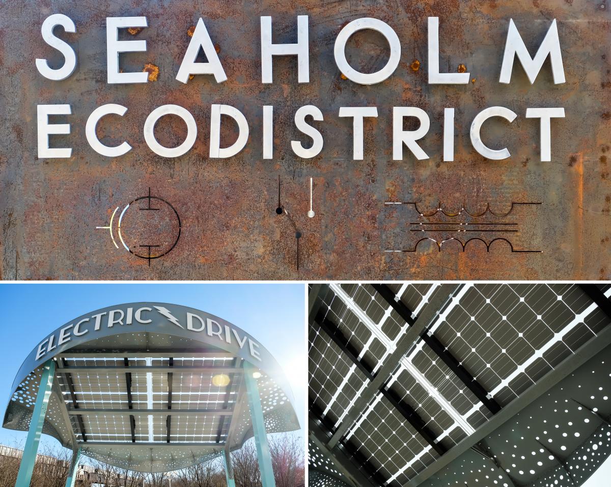 Seaholm EcoDistrict letters and photos of solar kiosk