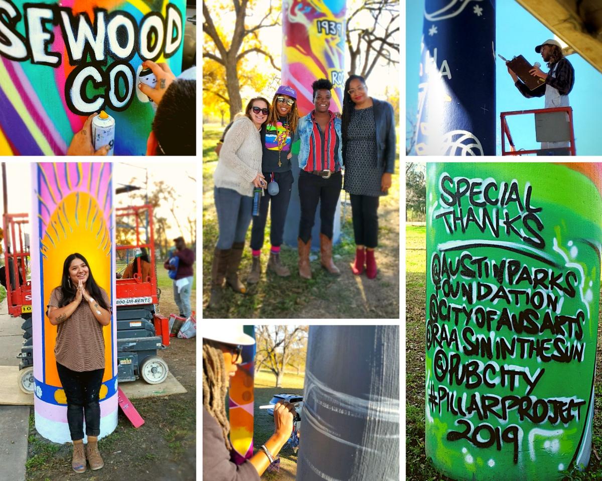 Brightly colored collage of Raasin and other artists painting murals on pillars underneath an overpass.