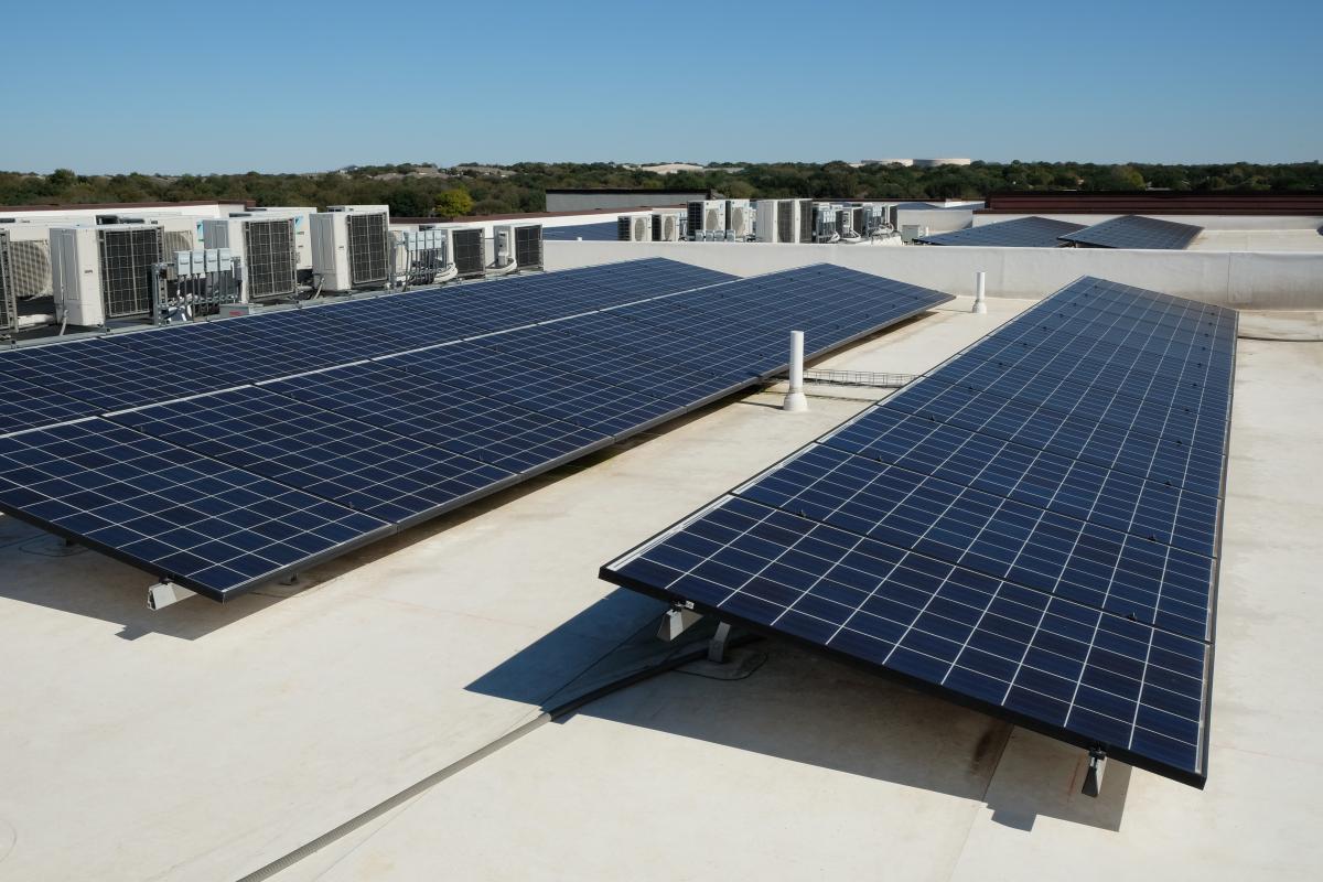 Two panels on a rooftop solar array with a blue sky and green trees in the background.