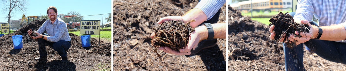 Dustin Fedako with compost in hands.