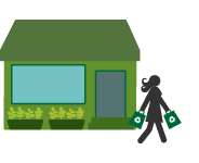 Illustration of a women leaving a grocery store with bags.