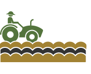 Illustration of a farmer riding a tractor over fields.