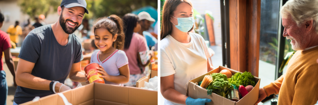 Left: A dad and daughter putting food cans in a box; Right: A masked woman hands a box of food to an elder man.