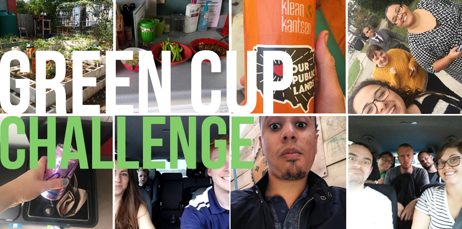 Text: Green Cup Challenge over collage of small images of people doing "green" things.