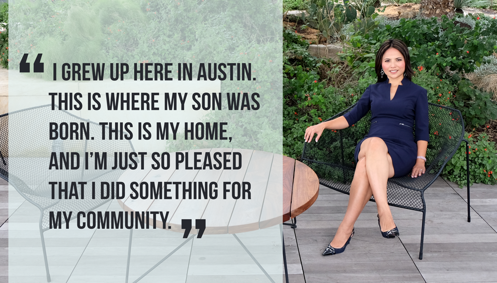 Photo of Heidi seated in the library rooftop garden. Quote reads: "I grew up here in Austin, This is where my son was born. This is my home, and I'm just so pleased that I did something for my community."