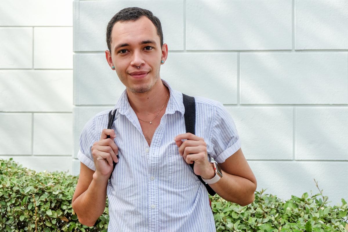 Close up of Juan with his backpack.