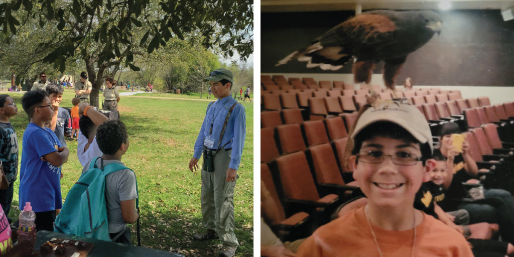 Left: Sebastian leads a birding walk for young folks. Right: Young Sebastian poses at a bird talk with a Harris’s Hawk on his head. Photos courtesy of the Casarez family.