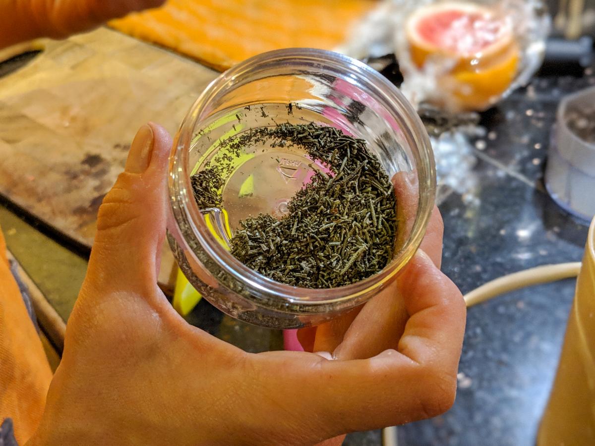 Small mason jar with blended vanilla pod.