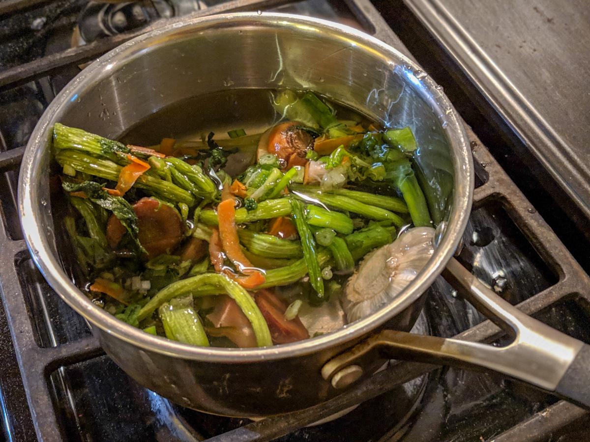 Pot of vegetables ready to make into stock.