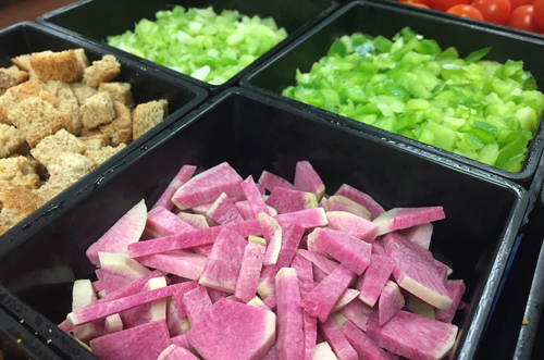 Healthy food in trays, including radish and bell pepper.