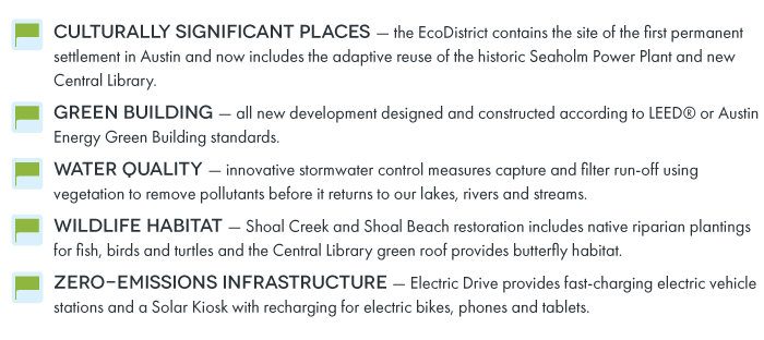 CULTURALLY SIGNIFICANT PLACES – the EcoDistrict contains the site of the first permanent settlement in Austin and now includes the adaptive reuse of the historic Seaholm Power Plant and new Central Library.   GREEN BUILDING – all new development designed and constructed according to LEED® or Austin Energy Green Building standards. WATER QUALITY – innovative stormwater control measures capture and filter run-off using vegetation to remove pollutants before it returns to our lakes, rivers and streams. WILDLIFE HABITAT – Shoal Creek and Shoal Beach restoration includes native riparian plantings for fish, birds and turtles and the Central Library green roof provides butterfly habitat. ZERO-EMISSIONS INFRASTRURE – Electric Drive provides fast-charging electric vehicle stations and a Solar Kiosk with recharging for electric bikes, phones and tablets.