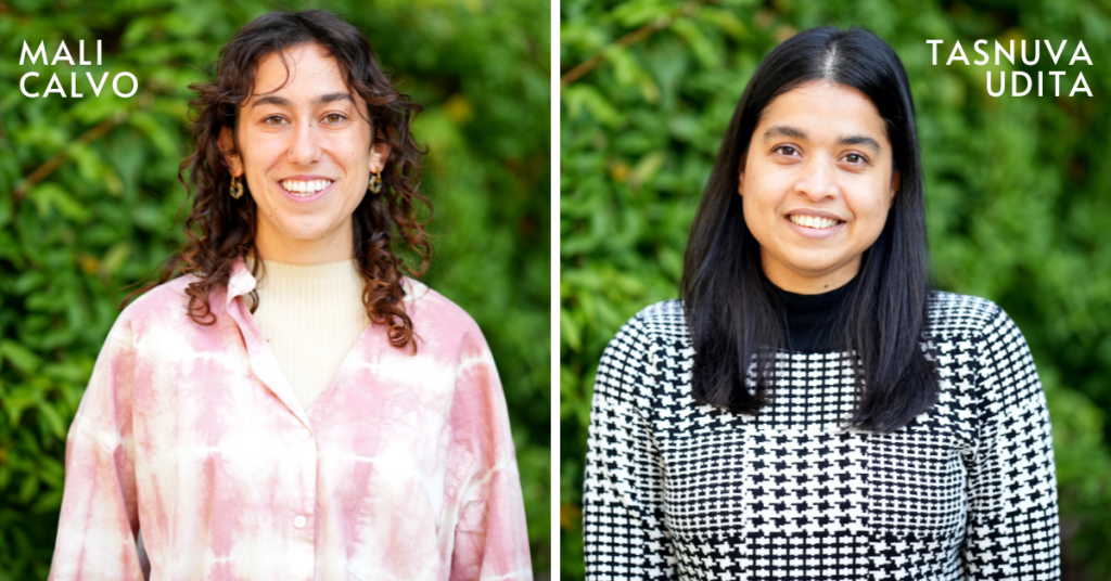 Headshots of Mali Calvo (left) and Tasnuva Udita (right).