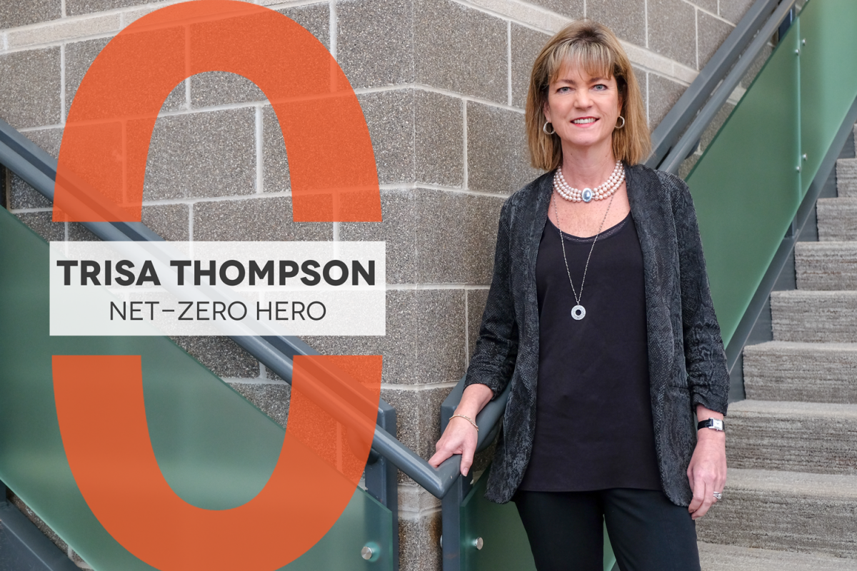 Photo of Trisa Thompson on a stairwell, graphic overlay: Net-Zero Hero Trisa Thompson